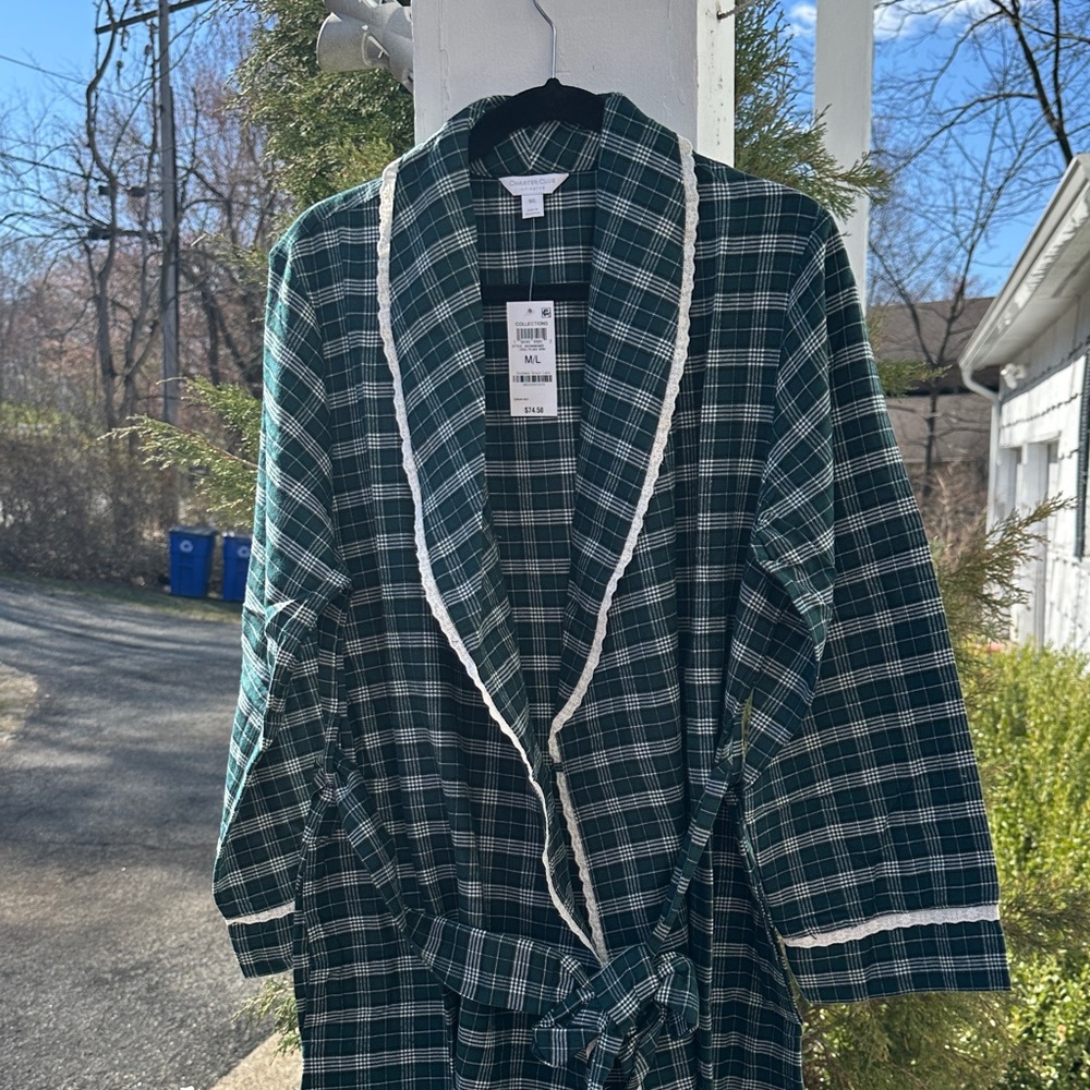 Recollections Green Plaid Robe with White Accents